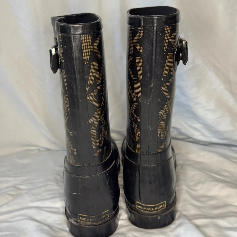 Michael Kors MK Logo Black Rubber Rain Boots Mid-Calf Buckle